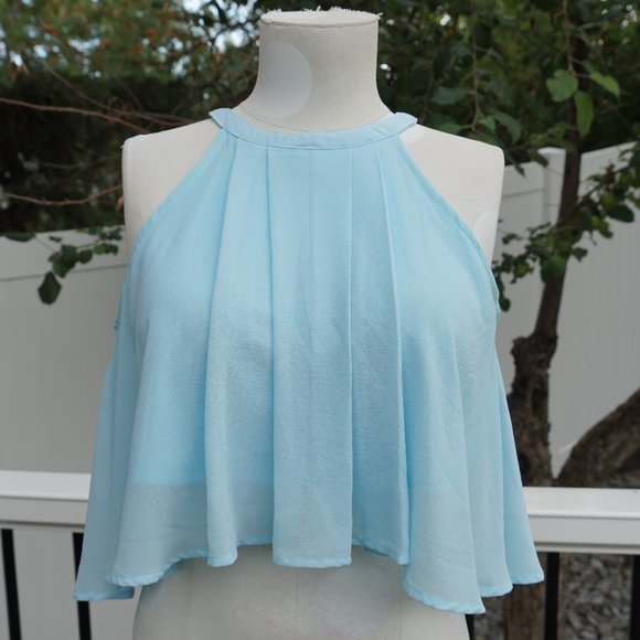 Baby Blue high-neck Flowy crop top - Picture 2 of 4